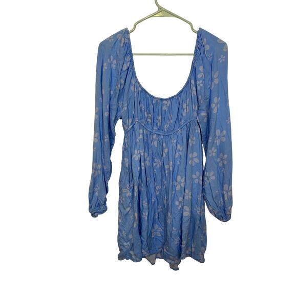 American Eagle Cottage Blue Long Sleeve Short Mini Dress Floral V Neck L - Picture 6 of 6